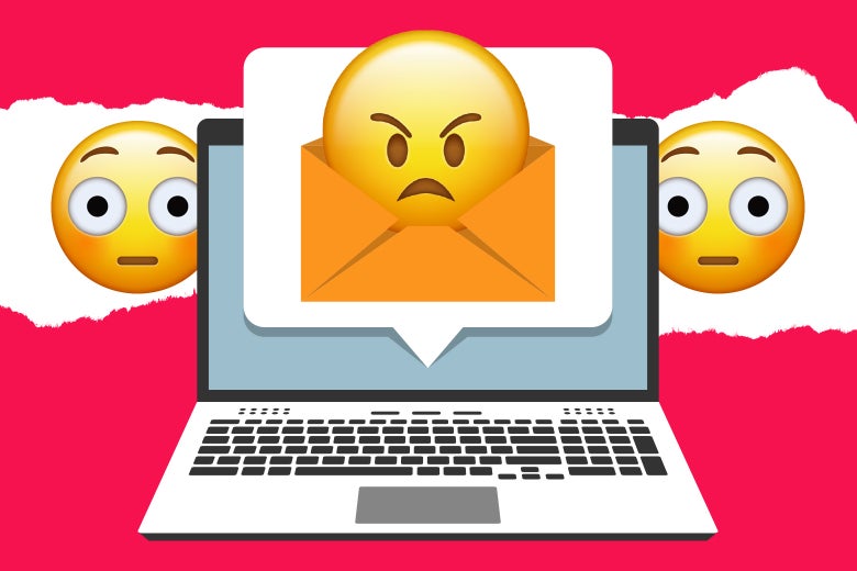 A laptop depicting embarrassed and angry emoticons.